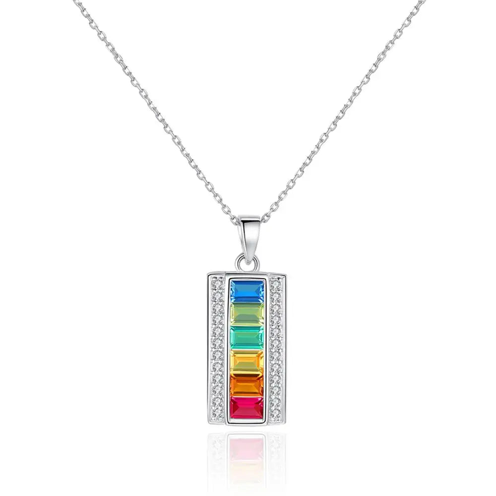 CZCITY Sterling Silver Gemstone Pendant Rainbow Color Gemstone Crystal Women Necklace Jewelry