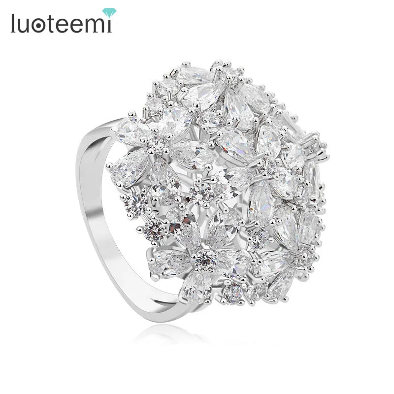 LUOTEEMI Free Shipping Wholesale New Luxury a AA Clear Cubic ZIrconia Elegant Big Flower Women Bridal Engagement Wedding Rings