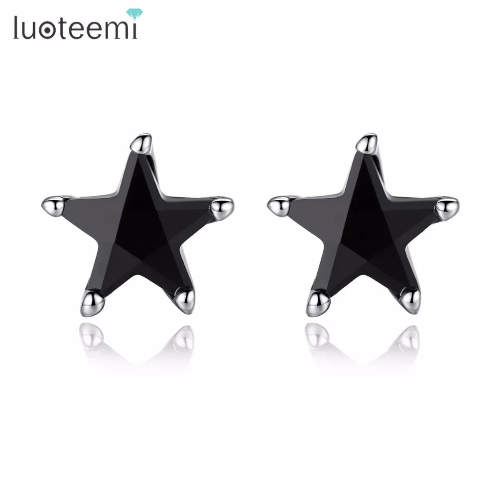 LUOTEEMI Silver Tone Black CZ Crystal Star Design Stud Earring for Women Men Trendy Style Model Jewellery