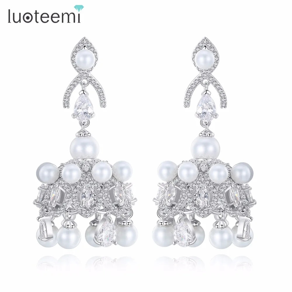 LUOTEEMI Wholesale Cheap Fashion Hat Shape Drop Earring Mounting White Pearl&Clear CZ Crystal Stone for Women Wedding Party