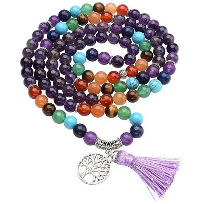 6mm 7 Chakra Mala Prayer Beads with Tree of Life Tassel Charm 108 Meditation Healing Natural Amethyst Bracelet/Necklace