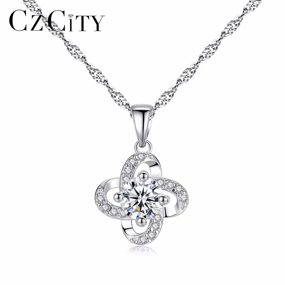 CZCITY New Fashion Flower Shape 925 Silver Pendant Necklace With Clear Zircon Stone for Women Wedding Party or Gift