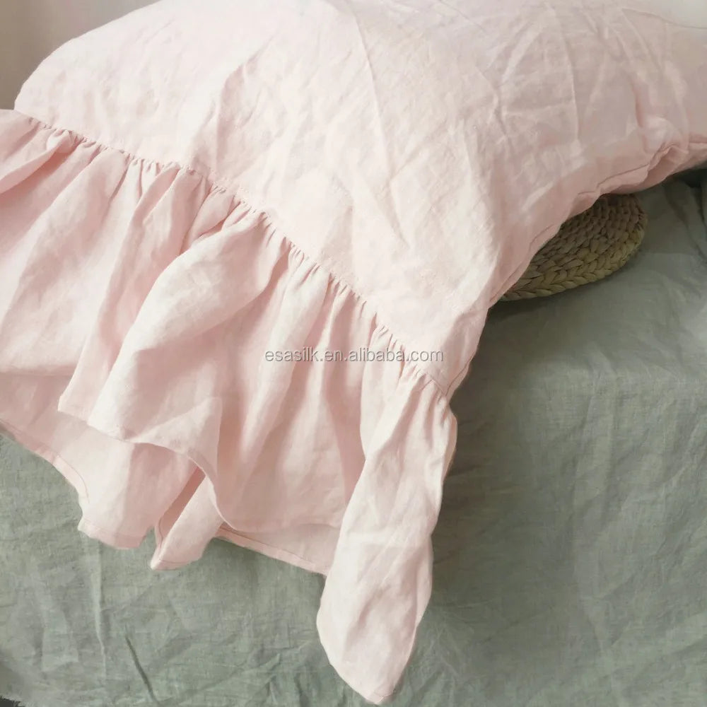 Solid Pattern Linen Pillowcase with Fish Ruffle Woven Technique Plain Envelope Style for Home & Hotel Use Features Leaves Design