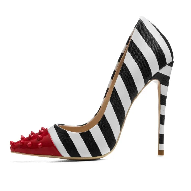 Plus Size Women's Pointed Toe Zebra Striped High Heels 12cm Fetish Office Shoes with Slip-On Closure for Summer and Autumn