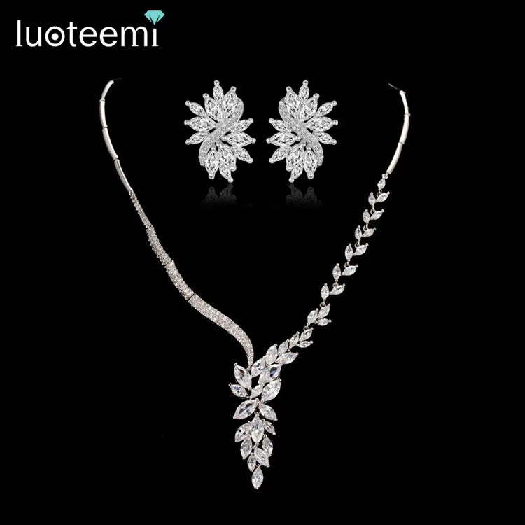 LUOTEEMI Rhodium Plated Marquise Cut a AA Cubic Zirconia Flower Jewely Set With Flower Wedding Accessory Necklace and Earring