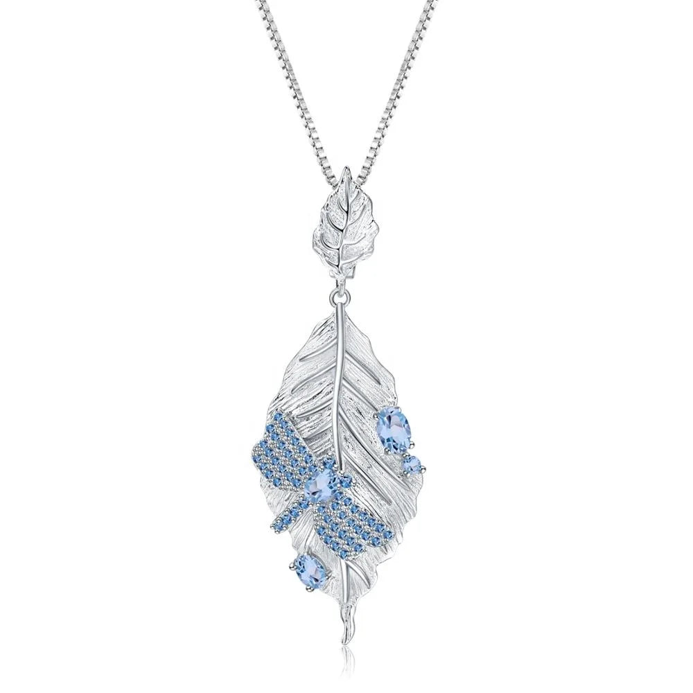 Abiding Hot Sale Natural Swiss Blue Topaz Handmade  Pendant Real Sterling Silver  Necklace Jewelry