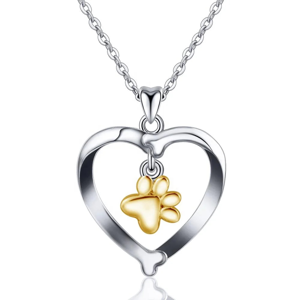 S925 Sterling Silver Dog Paw Bone Heart Baby Pet Pendant Charms Necklace for Women