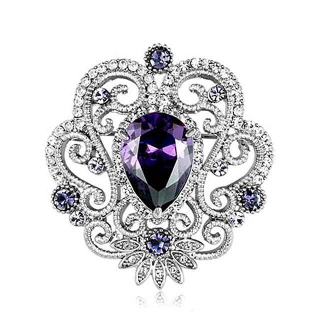 Hot Sale Vintage-Silver Plated Purple Rhinestone Crystal Flower Brooch for Wedding Gift Party or Engagement/Accept Customization