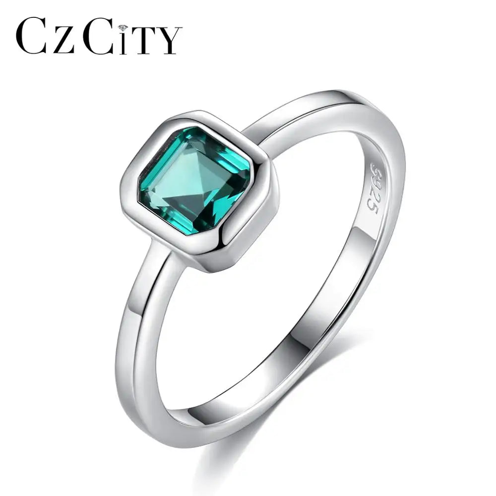 CZCITY Finger Jewelry Woman Engagement Sterling Silver Gemstone Green Square Diamond Wedding Ring