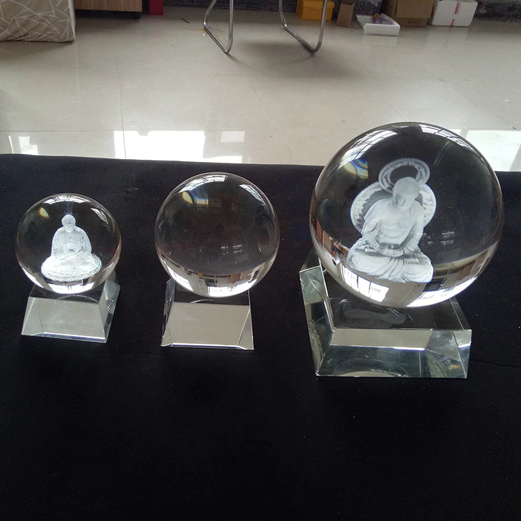 Wholesale Customized Spiritual Crystal Carving Crafts 3D Laser Engraving Buddha Statue Crystal Blank Ball with Stand