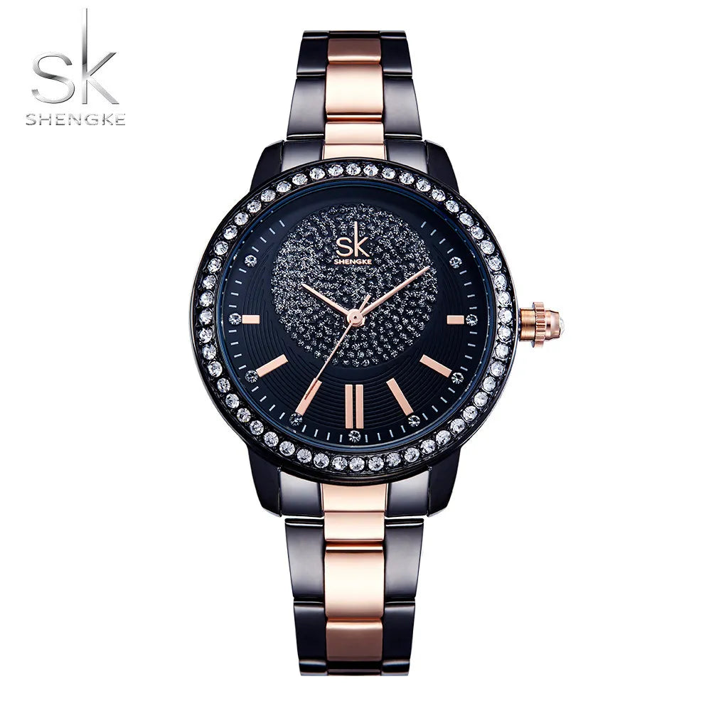 Shengke Luxury Ladies Quartz Wrist Watches Women Bracelet Stainless Steel Watch Black Rose Gold Female Relojes Mujer K0075L