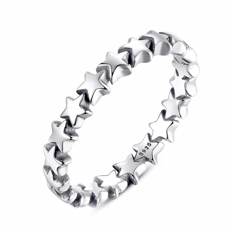 New Trendy 925 100% Sterling Silver Star Trail Stackable Finger Ring Rhodium & Gold Plated Bezel Setting Jewelry