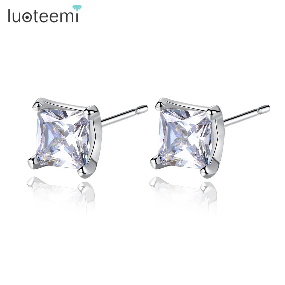 LUOTEEMI Jewelry Tiny Delighted Small 5mm 0.63ct Princess-cut Zirconia Women Stud Earrings