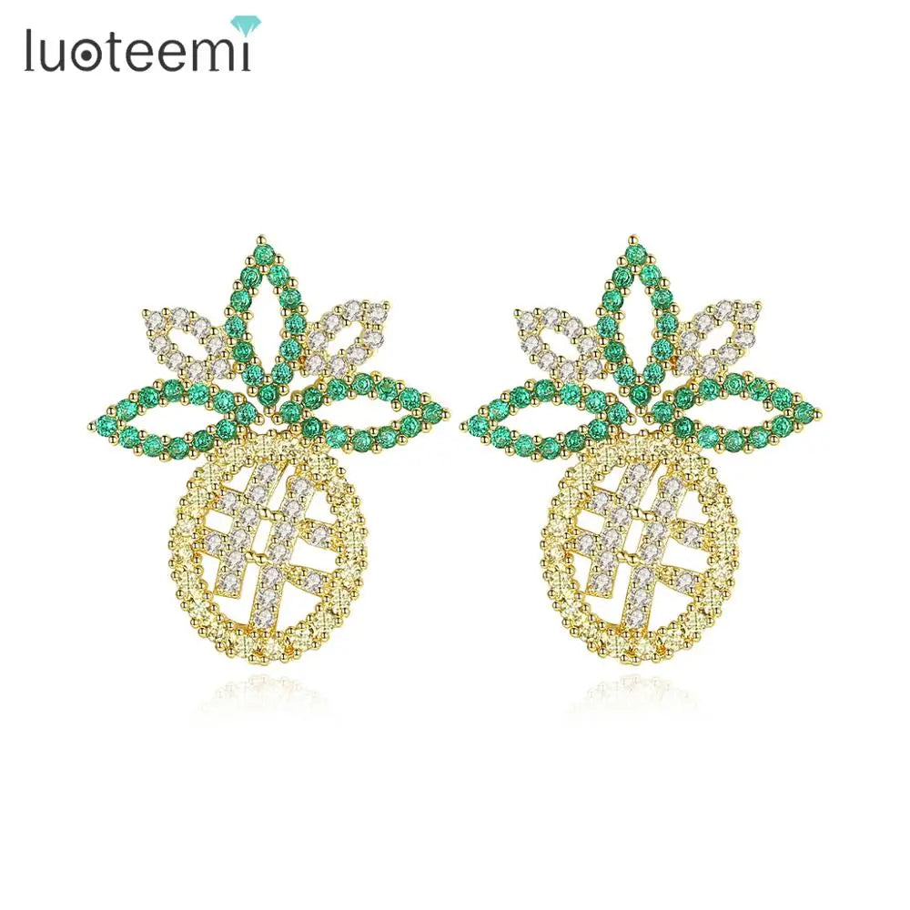 LUOTEEMI Luxury a AA Cubic Zirconia New Style Pineapple Earrings Tiny CZ Paved Stud Ear Rings