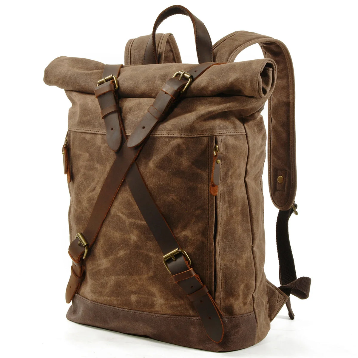 9505 Roll Top Motorcycle Backpack Waxed Canvas Leather Trim Waterproof Lining Material-Polyester Featuring Polyester Back Bag