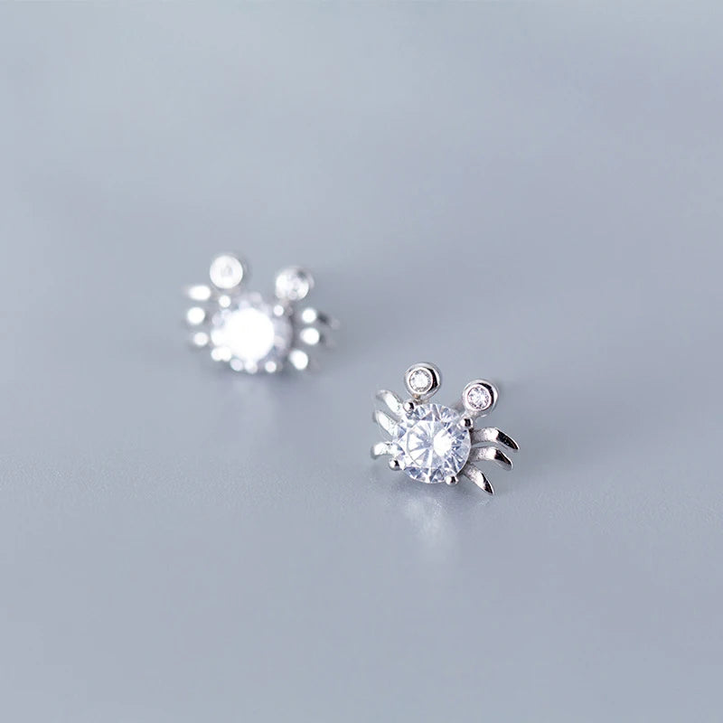 Pure 925 Sterling Silver Mini Cubic Zircon Crab Shaped Stud Earrings for Christmas Gifts Jewelry