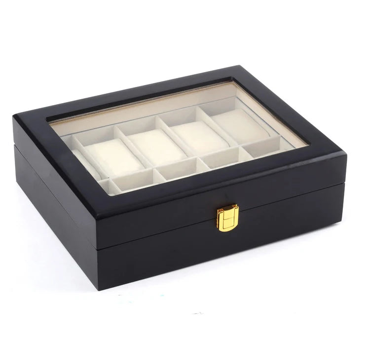Fashion 10 Slot Gift Storage Black Wooden Custom Wrist Lacquer Watch Bracelet Box Organizer Cae