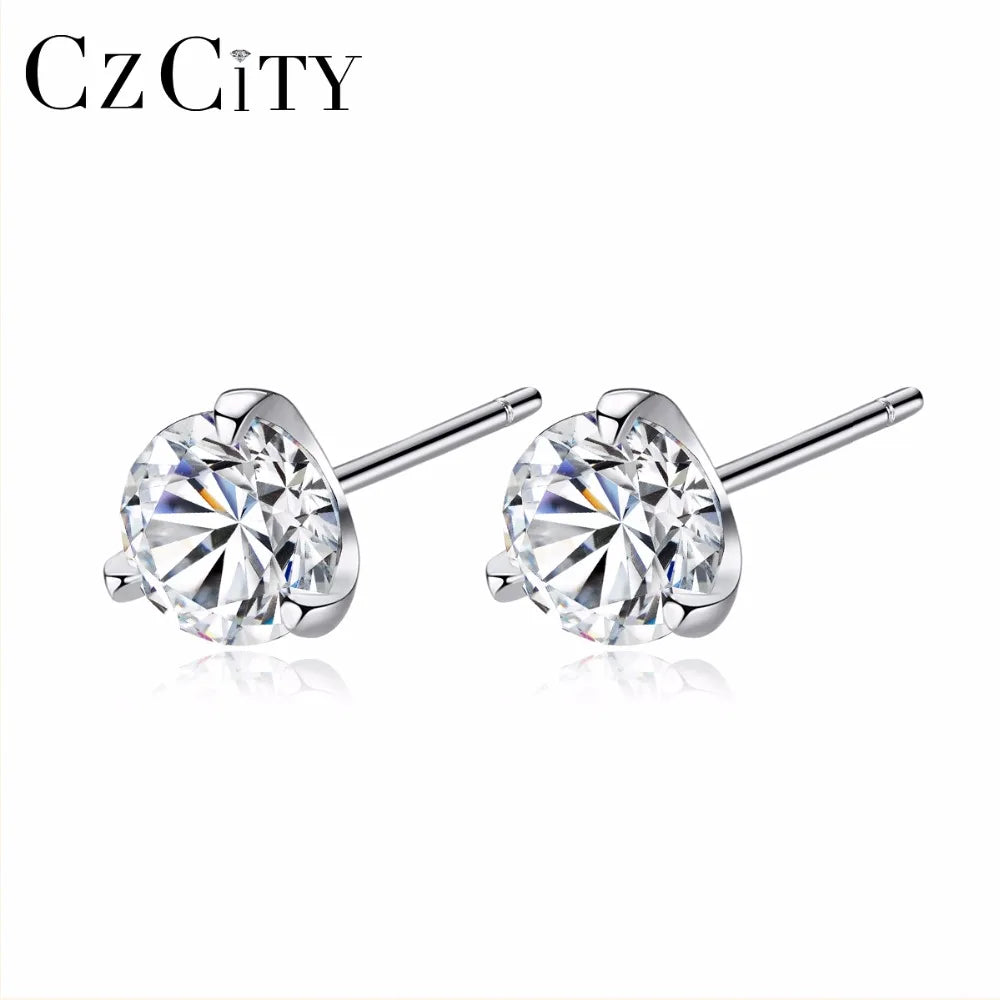 CZCITY Korean Style Fancy Cute Round Shape S925 Mounting Heart-shaped Clear Shiny Zircon Stud Earring for Women Wedding Party