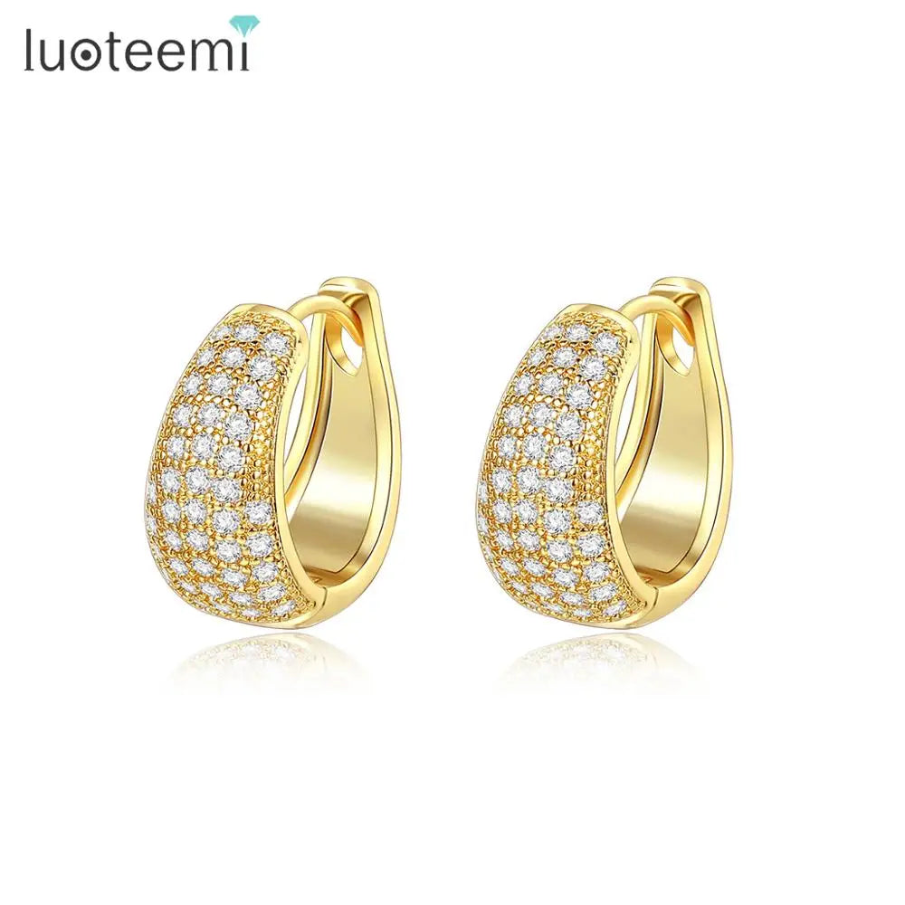 LUOTEEMI Charm Gold Plated Huugie Earrings for Women a AA Cubic Zirconia Huggie Girls  Ear Rings