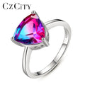 CZCITY Triangle Genuine Rainbow Fire Mystic Topaz Synthetic Gemstone Real 925 Sterling Silver Women Ring Jewelry Summer