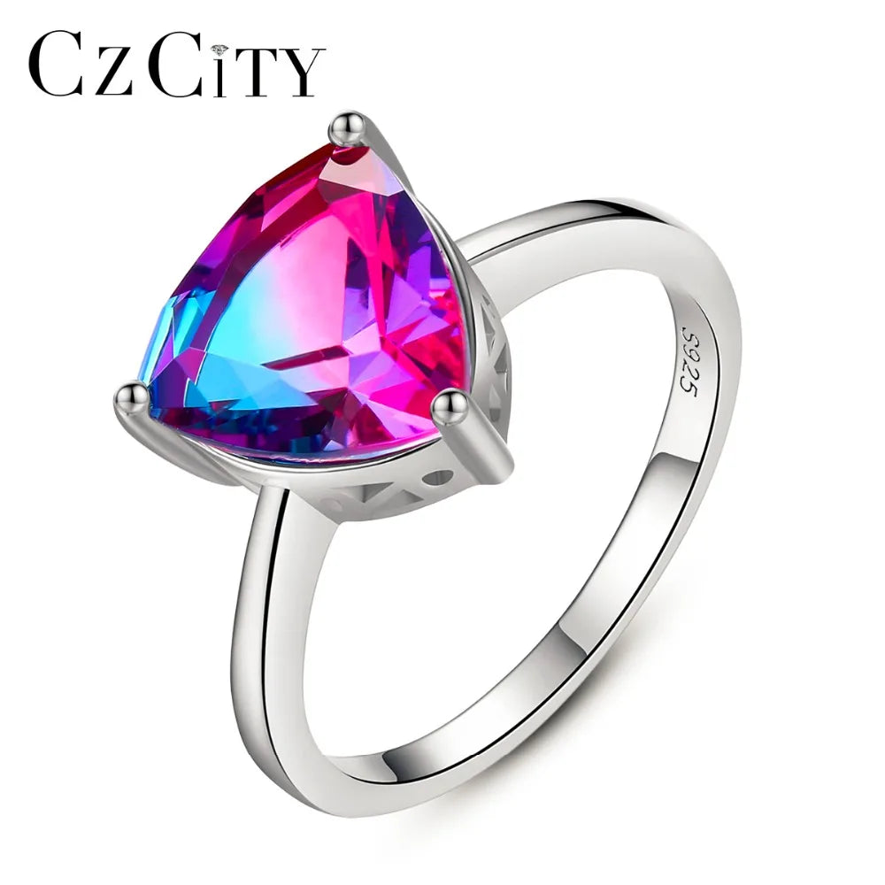 CZCITY Triangle Genuine Rainbow Fire Mystic Topaz Synthetic Gemstone Real 925 Sterling Silver Women Ring Jewelry Summer