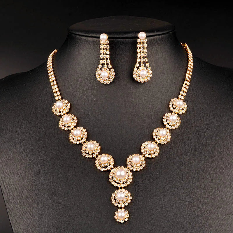 New Wholesale Dubai Gold Luxury Bridal Rhinestone Pearl Jewelry Set