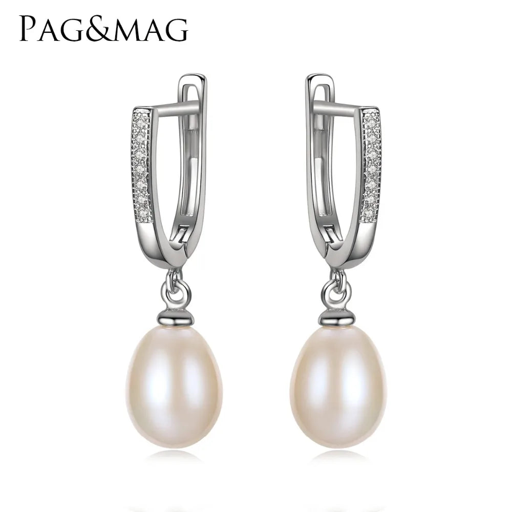 PAG&MAG Wholesale Women 925 Silver Classic Style Freshwater Natural 8-9mm Drop Pearl Clip Earrings