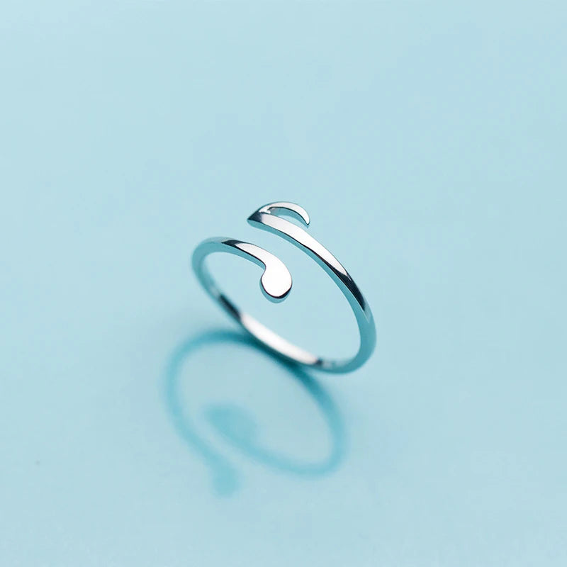 100% Real Solid 925 Sterling Silver Music Symbol Shape Rings for Women Personality Lovely Open Adjustable Rings