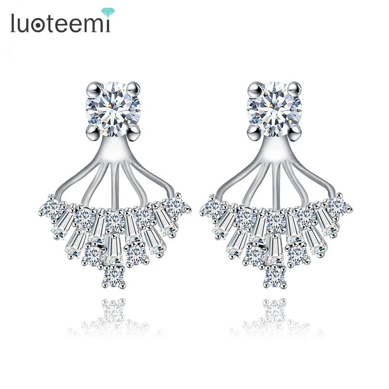 LUOTEEMI New Sparkling 3A Cubic Zirconia Ear Jackets Stud Earrings for Women Double Sided Bijoux Jewelry Wholesale