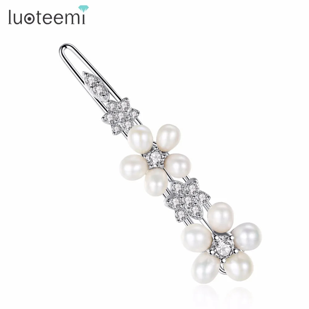 LUOTEEMI Fashion European Design Natural Pearls Flower Wedding Hair Accessories for Women Luxury CZ Bridal Hair Clips