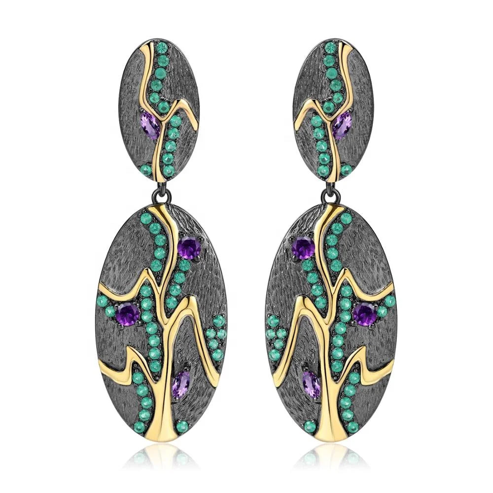 Abiding Natural Amethyst Gemstone Jumka Women Korea Gold Plated Fashion 925 Sterling Silver Earrings Jewelry