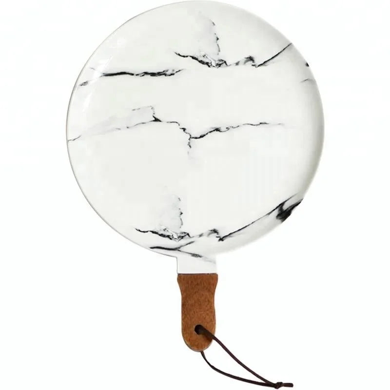 Wholesale New Arrival Custom Printed 8 Inch Marble Serving Tray with Bamboo Handle for Food