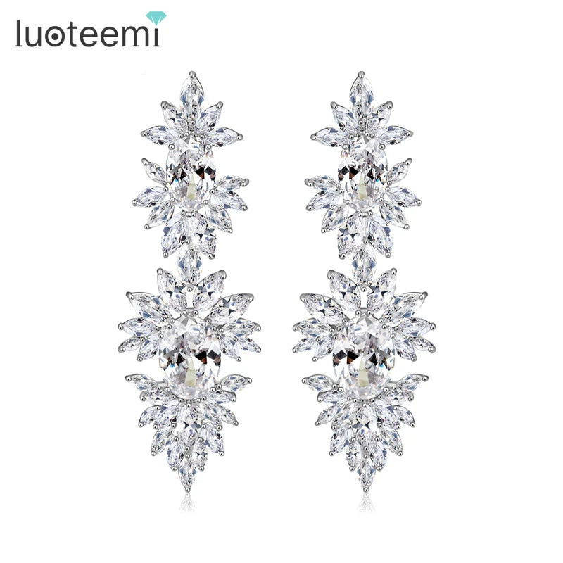 LUOTEEMI Factory Directly Wholesale Luxury Fine Design Sparkling Clear Cubic Zrconia Stone Bridal Drop Dangling Wedding Earrings