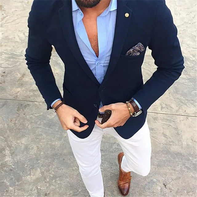 Casual Stylish Navy Blue Coat White Pant Men Suits Costume Homme 2Pieces WPY052