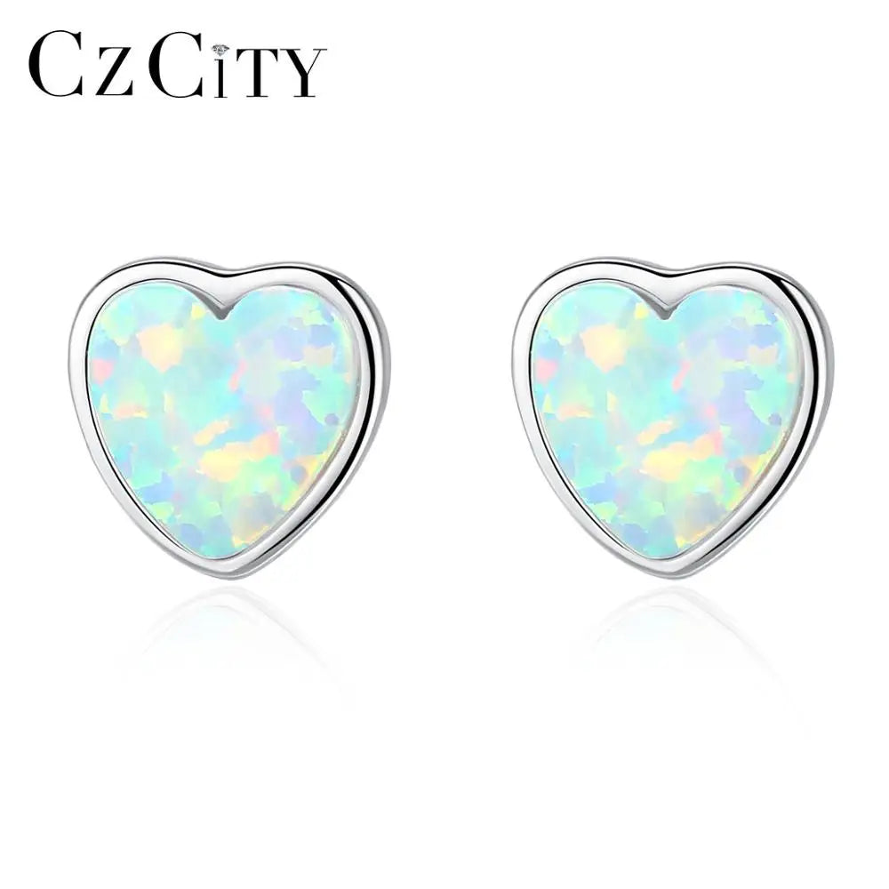 CZCITY Trendy Opal Heart Shaped S925 Sterling Silver Stud Earrings Gold Plated for Engagement Wedding Party Diamond Main Stone