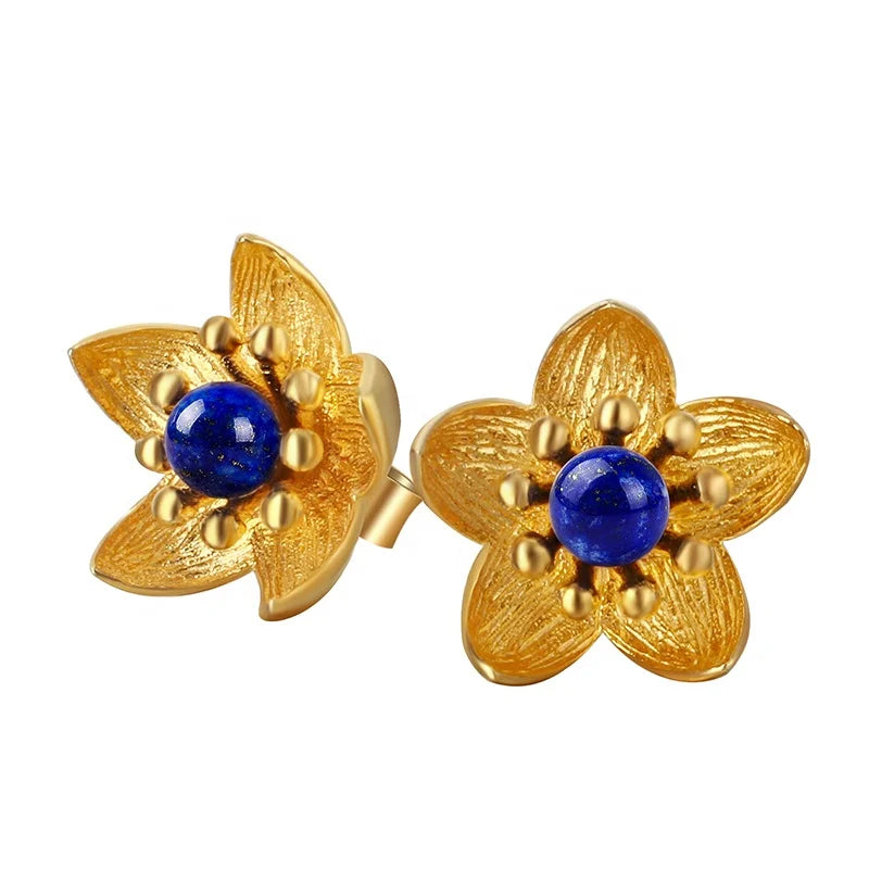 Lotus Fun Real 925 Sterling Silver Natural Lapis Fresh Flower Stud Earring for Women Wholesale Jewelry Fine Jewelry for Women