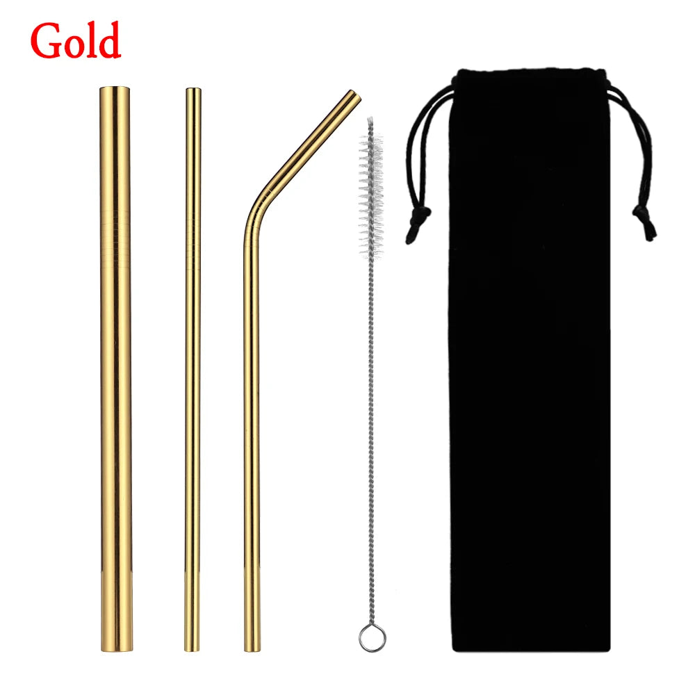5pcs Eco Friendly Reusable Straw 304 Stainless Steel Straw Metal Smoothies Drinking Straws Set with Brush & Bag Wholesale