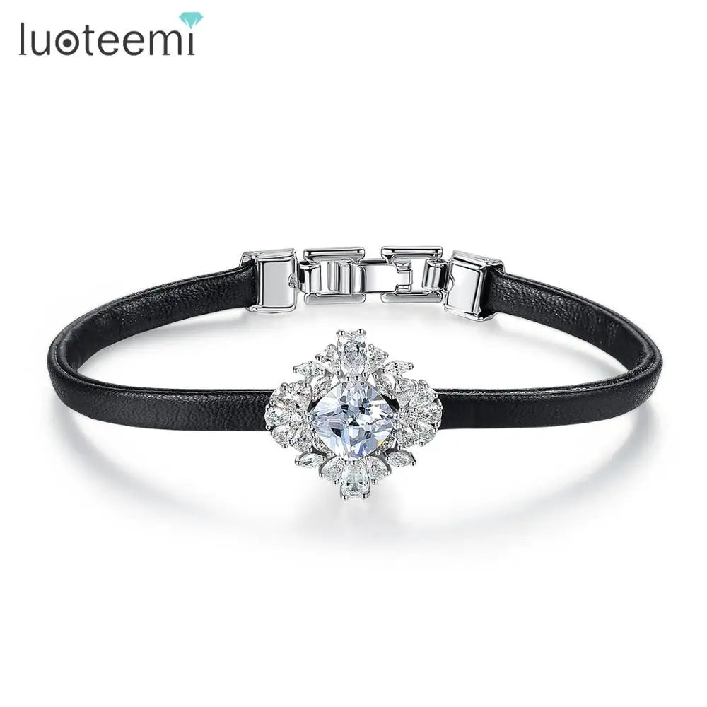 LUOTEEMI Elegant Flower Charms Bass CZ Bracelet Leather Bangles Cubic Snow Flower Christmas Gift Jewelry