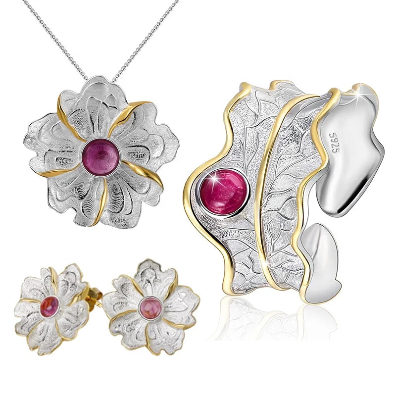 Hot Sale Fashion 925 Sterling Silver With 18k Gold Plating Natural Stone Flower Leaf Earring Ring Necklace Jewelry Set for Women