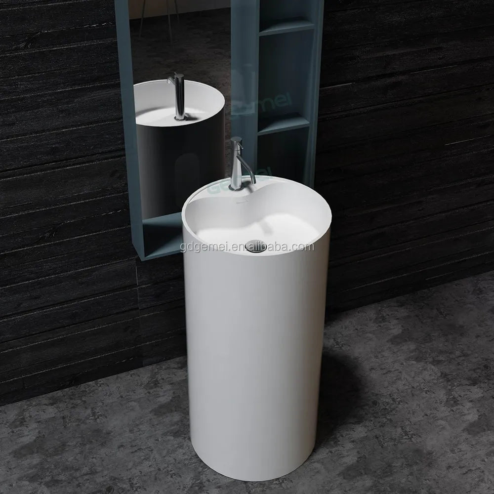 Elegant Hot Sales Freestanding Artificial Stone Bathroom Wash Basin Solid Surface Pedestal Sink Shampoo Sinks Modern Round