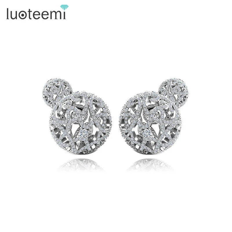 LUOTEEMI Wholesale Women Luxury Full Shiny Cubic Zircon Diamond Vintage Double Sides Hollow Crystal Ball Stud Earrings