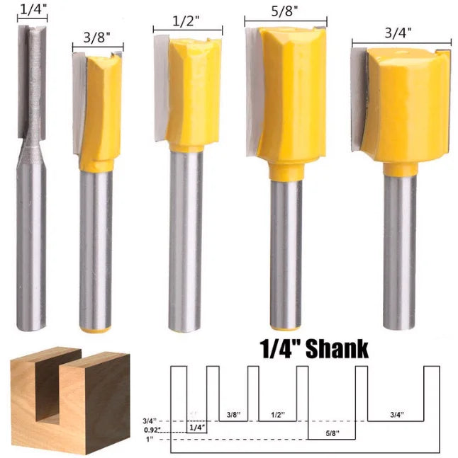 L-N013 5PC 1/4" Shank High Quality Bottom Cleaning Dado Router Bit Set 1/4''3/8''3/4''5/8''1/2''Diameter Wood Cutting
