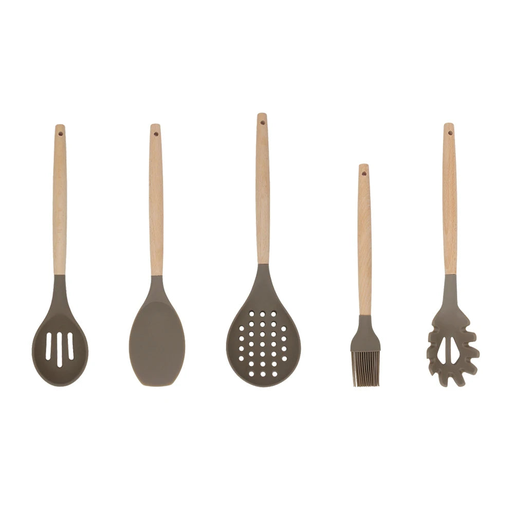 Kitchen Accessories Home and Kitchen Gadgets Hot Selling in America Professional Silicon Kitchen Utensils with Wood Handle Set