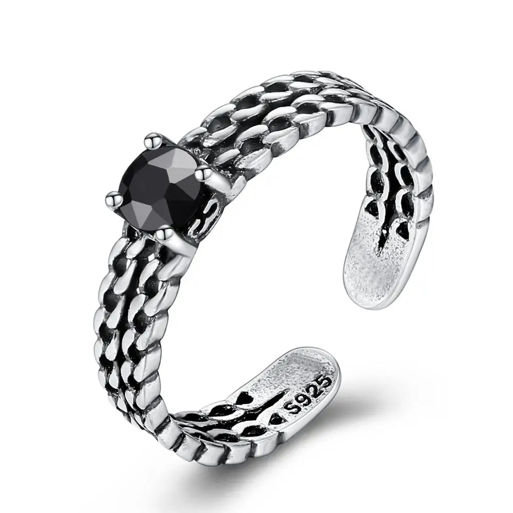 CZCITY 925 Sterling Silver Black Gold Jewelry Woman Accessory Cuban Link Chain Vintage Punk Ring