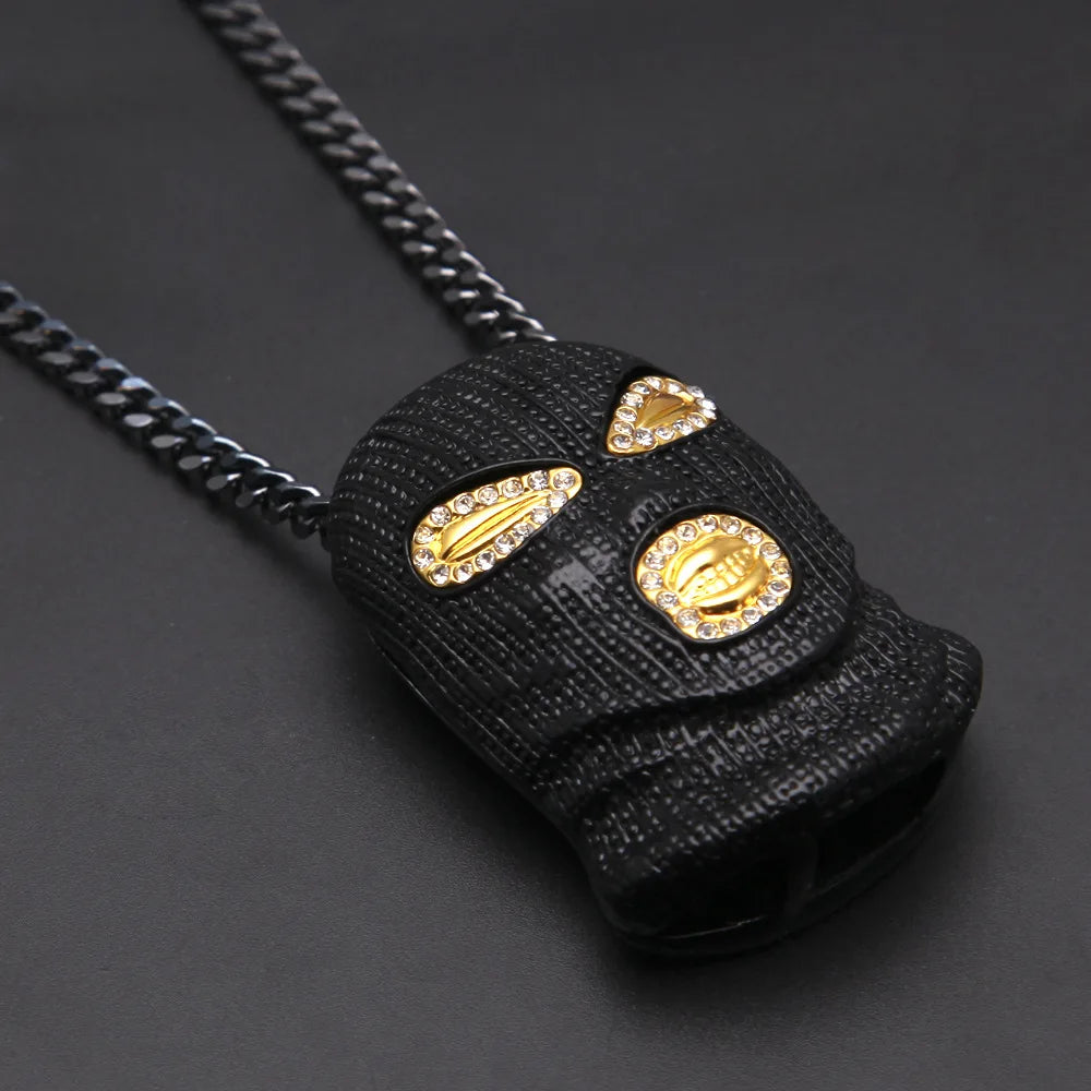 Terrorist Head Model Pendant Paved Black Rhinestone Cool Pendant Necklace Punk Hiphop Man Jewelry 5mm Chain