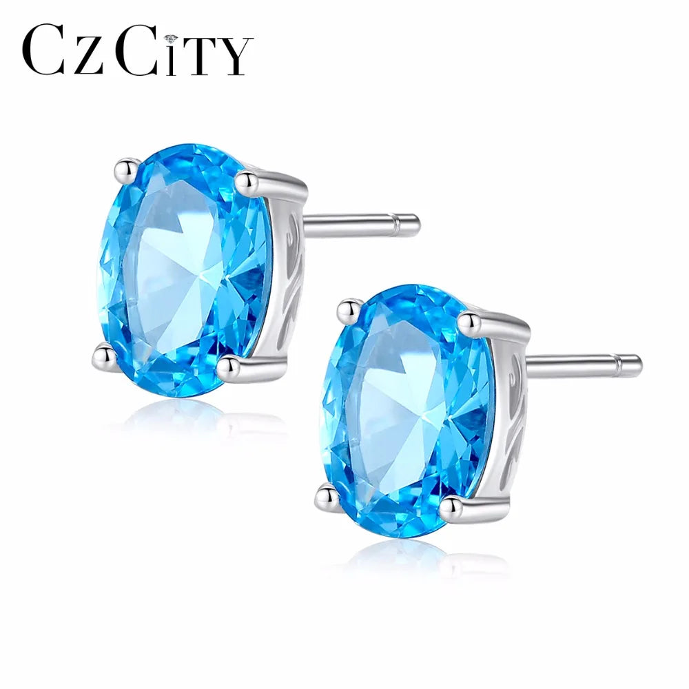 CZCITY Sky Blue Topaz Earrings Genuine 925 Sterling Silver Fine Jewelry 5*7mm Oval Stud Earring for Women