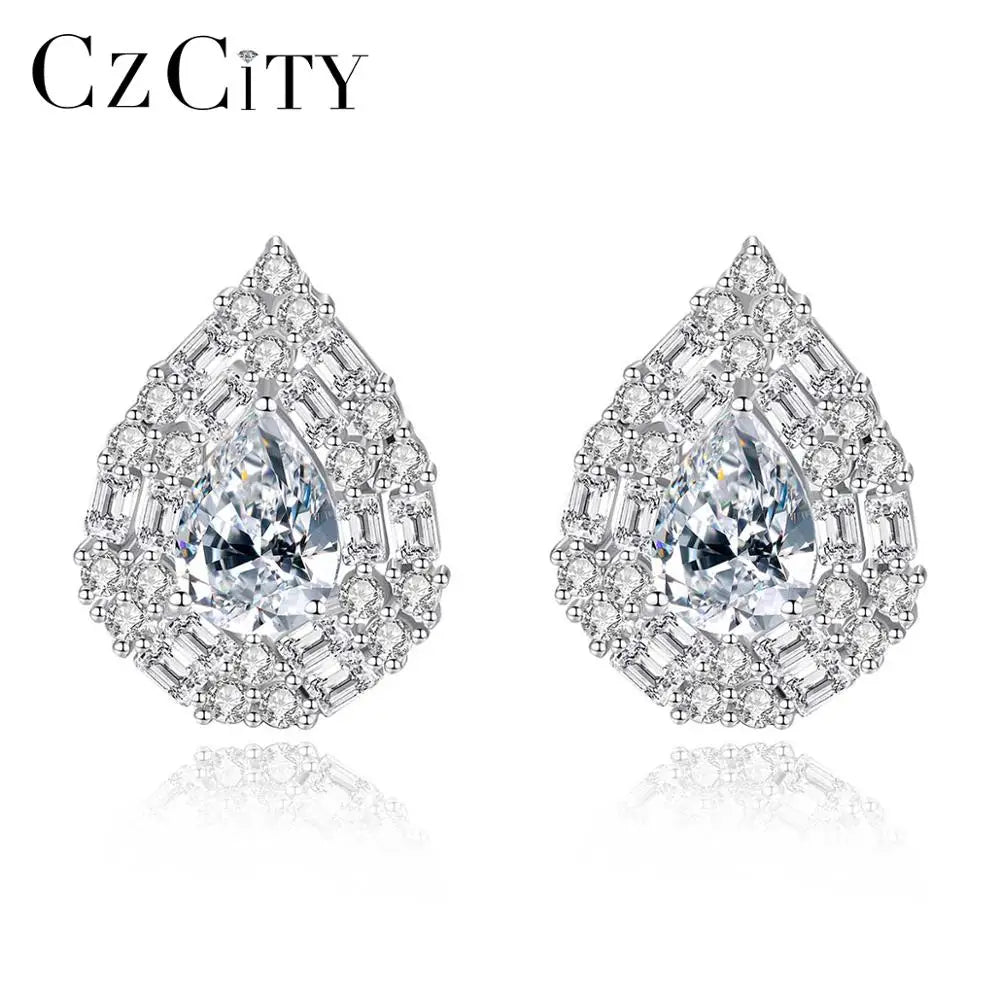 CZCITY Luxury 925 Sterling Silver Stud Earrings Women's High Jewelry Water Drop Gemstone Christmas Gift