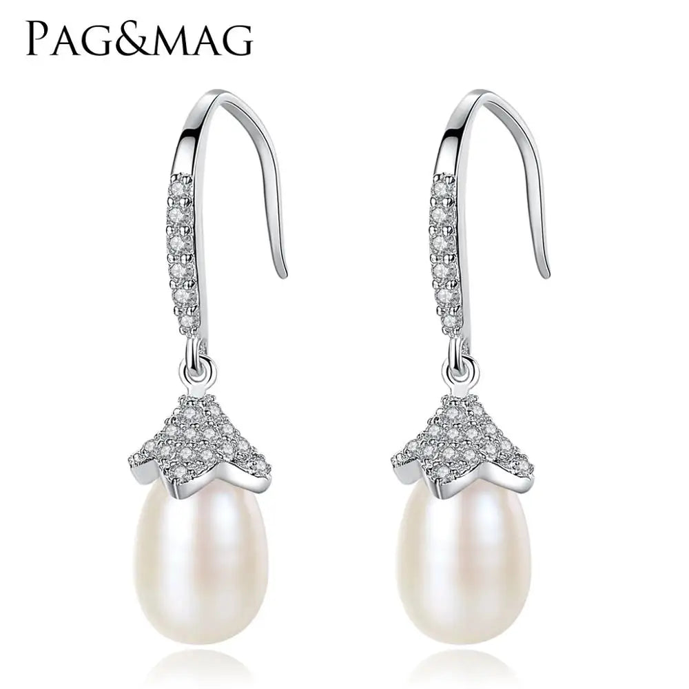 PAG&MAG Fancy Flower Shaped S925 Silver Jewelry Freshwater Pearl Dangling Drop Earrings
