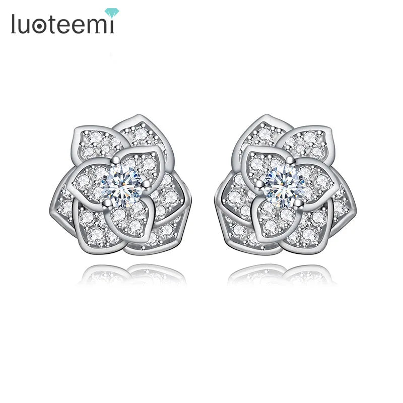 LUOTEEMI Trendy Statement Rose Flower Cubic Zircon 18K Champagne Gold Plated Stud Earrings for Women Luxury Brincos