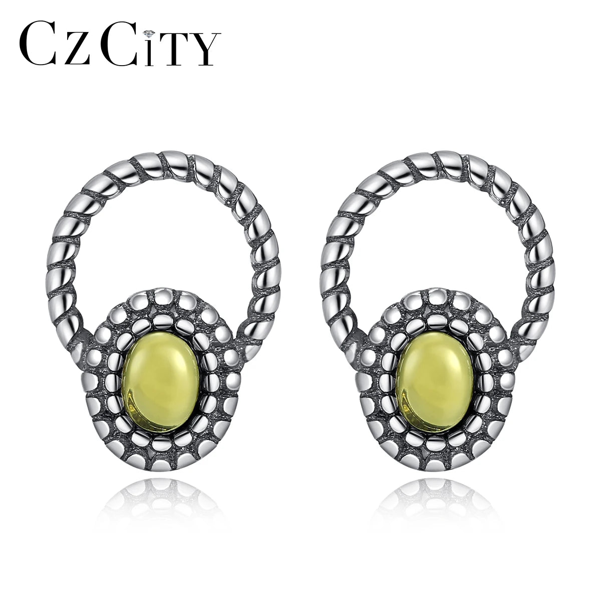 CZCITY 925Silver Earring Wholesale Jewelry Sterling Silver Bohemian Black Silver Natural Stone Oval Earing
